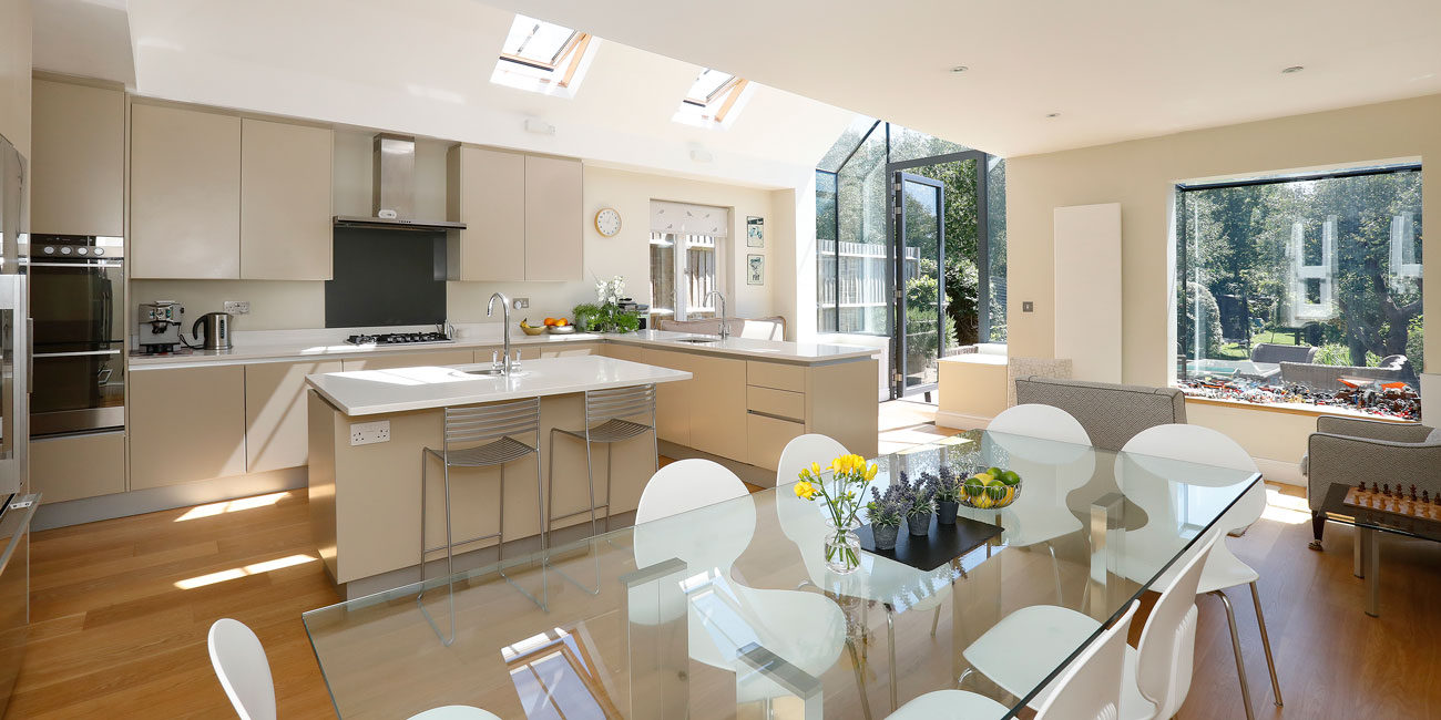Interior property photography, open plan kitchen + dining